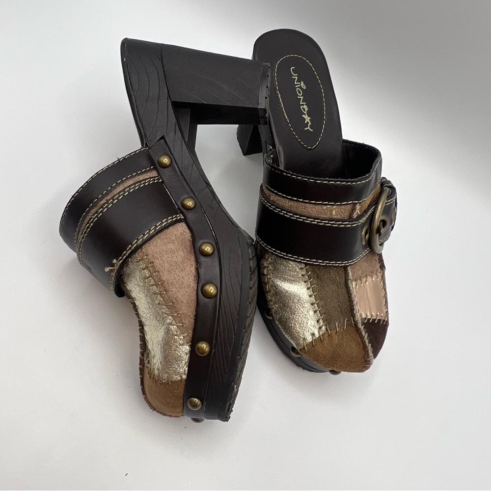 Vtg Y2K 90s Union Bay Patchwork Heeled Brown Mule Clogs Size 6M Faux Leather